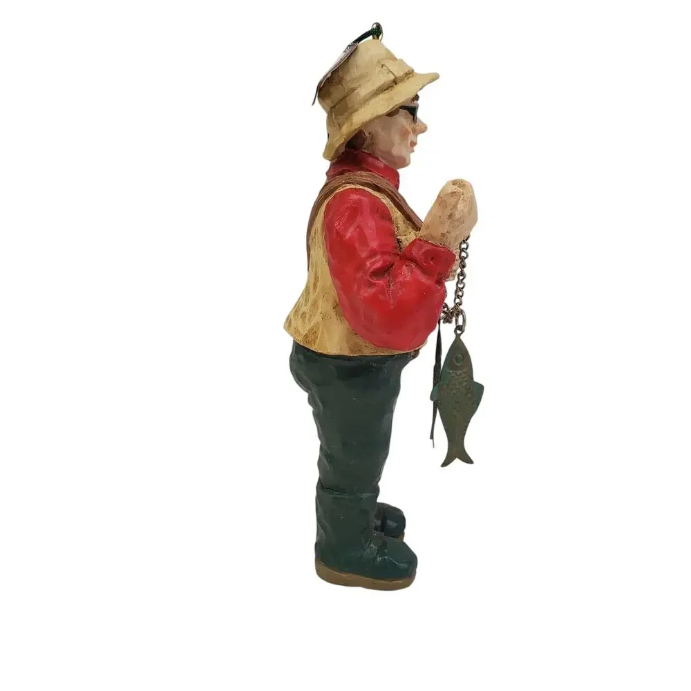 Vintage Fisherman Christmas Ornament Wood Hand Carved NEW OS Grandpa Dad
